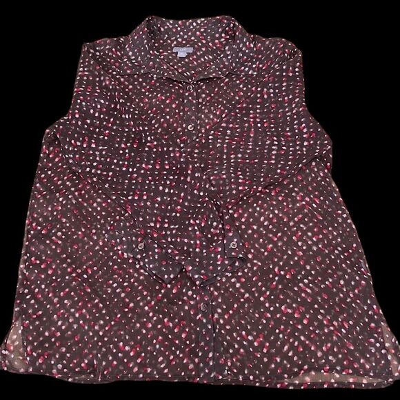 J Jill LS sheer blouse brown w/ red white print GUC last picture shows colors - Picture 2 of 16